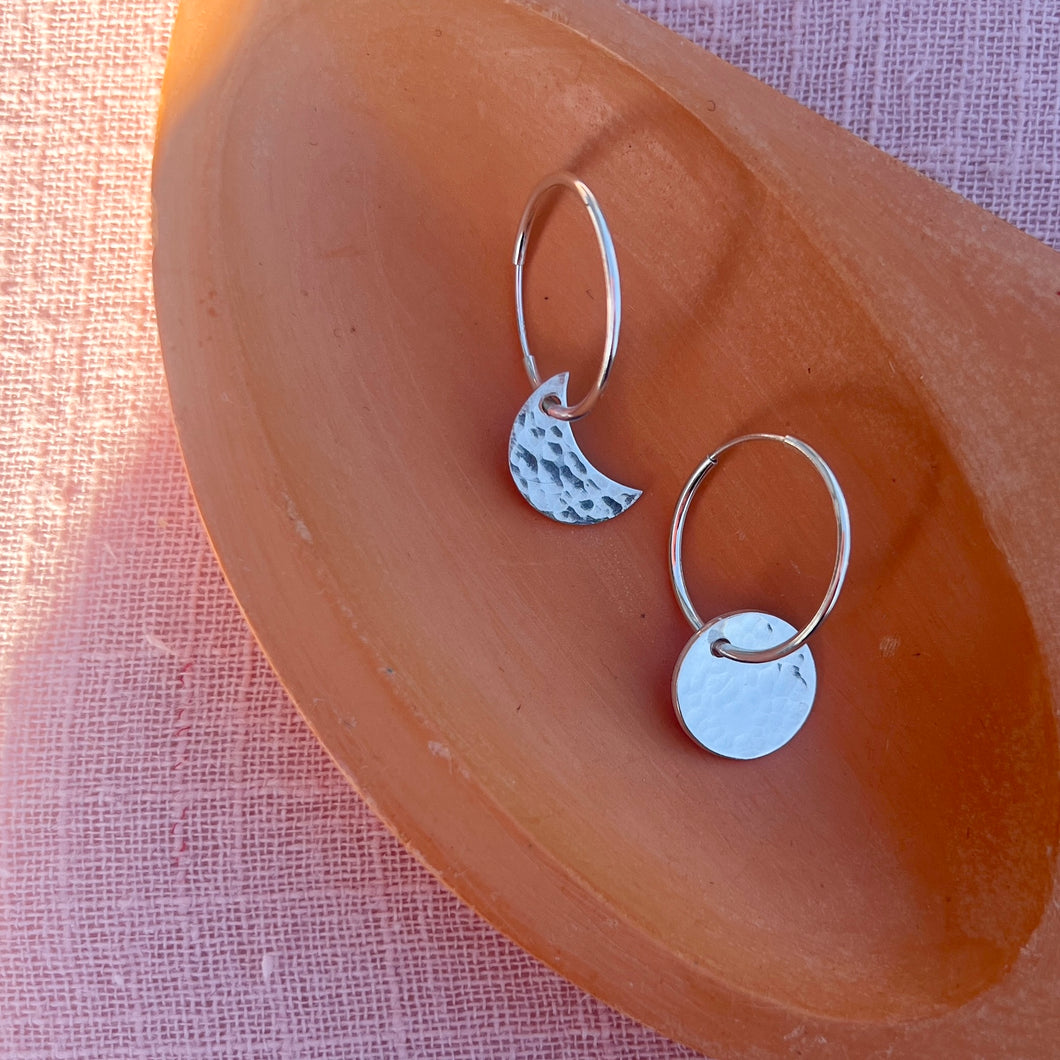 SALE - Silver charm hoop earrings